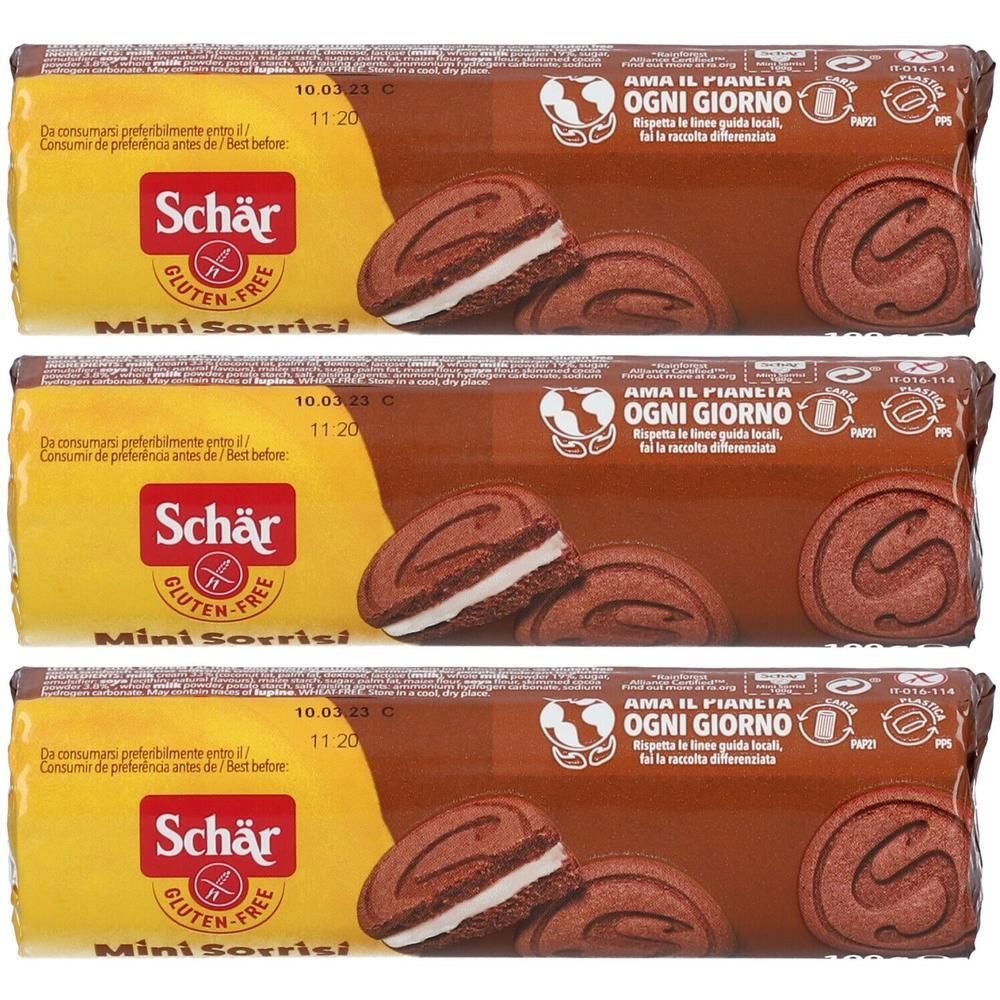 Tre confezioni di biscotti Schär Mini Sorrisi Cacao e Crema Latte, senza glutine.