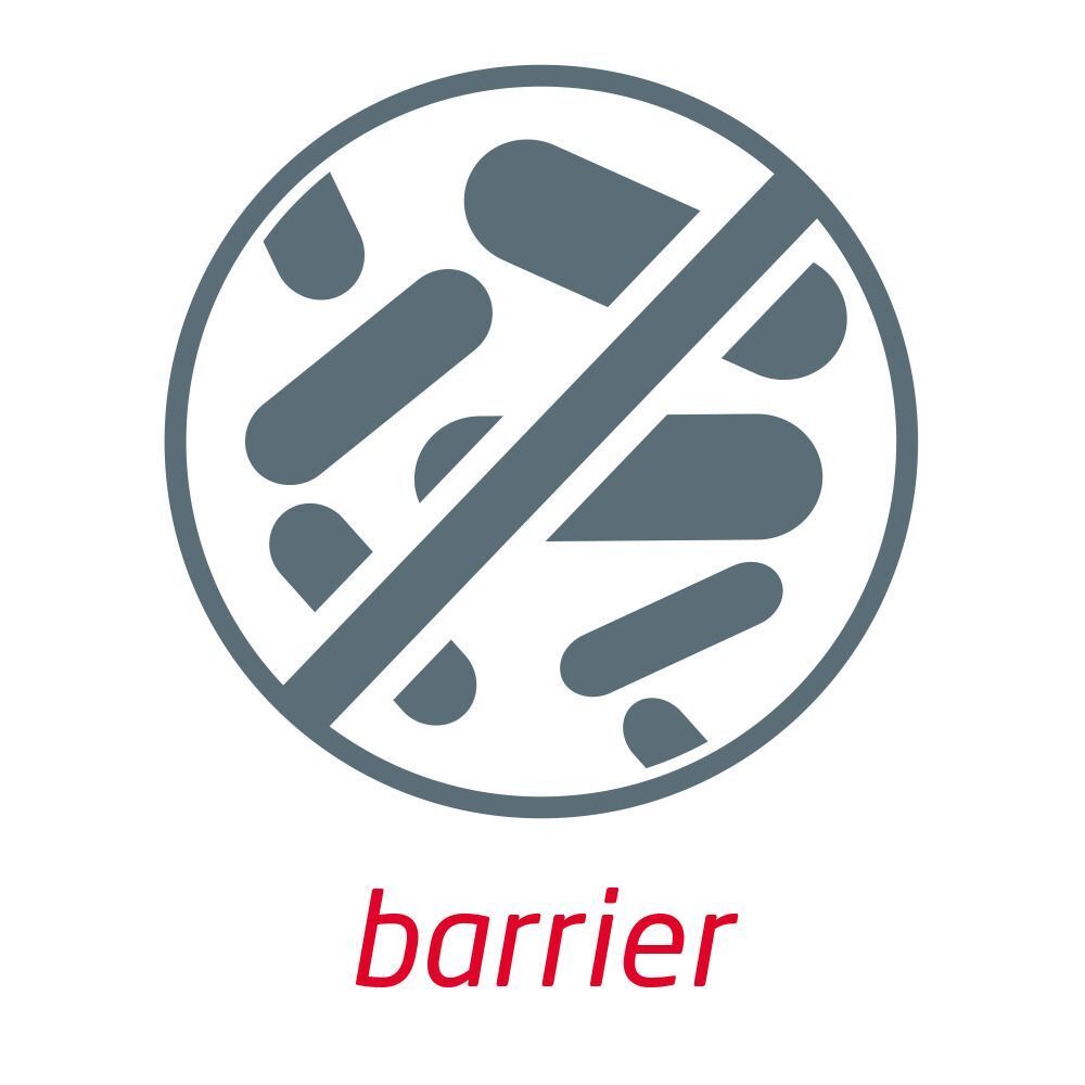 Simbolo di barriera antimicrobica, testo 'barrier'.
