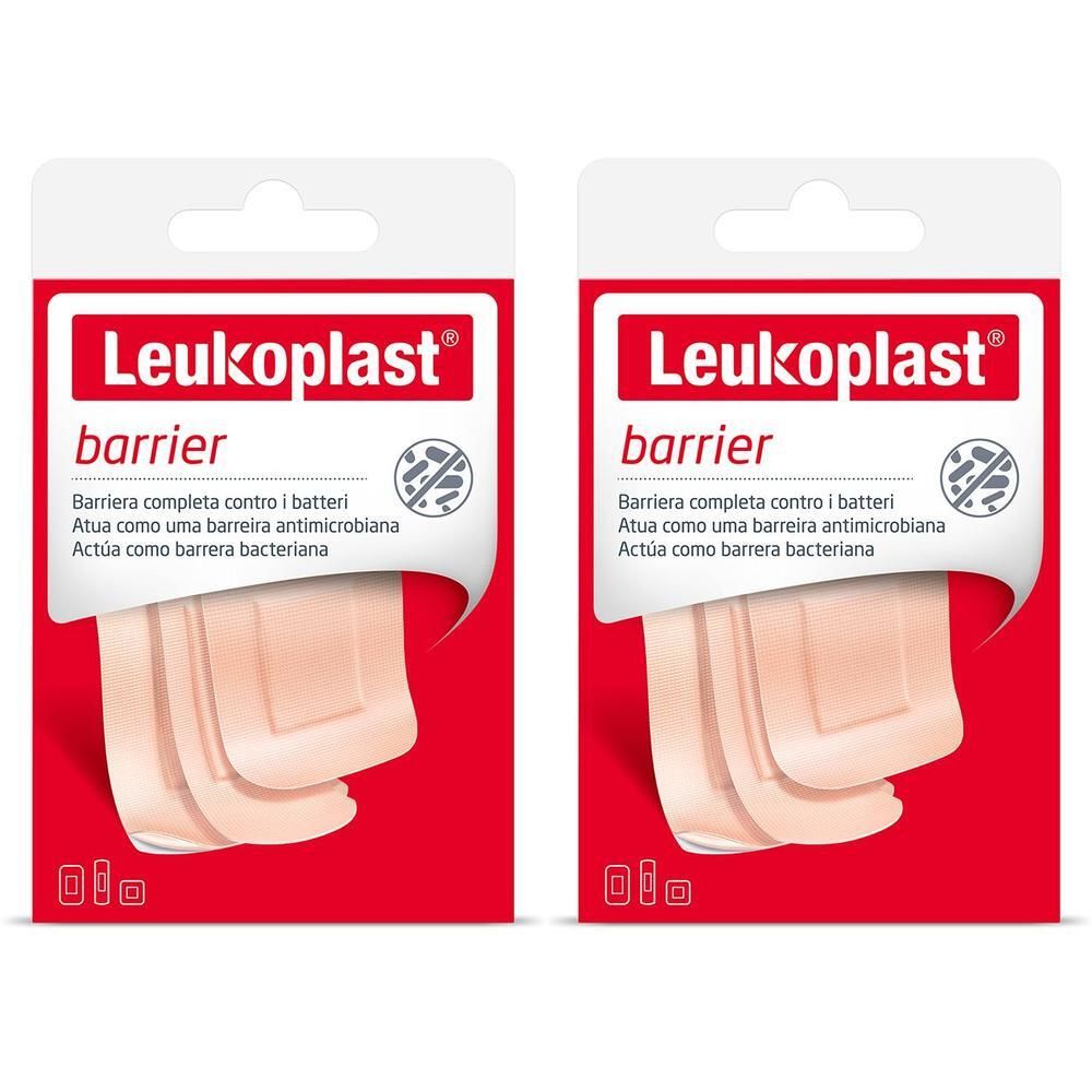 Due confezioni di cerotti Leukoplast Barrier, color carne, con protezione antibatterica.