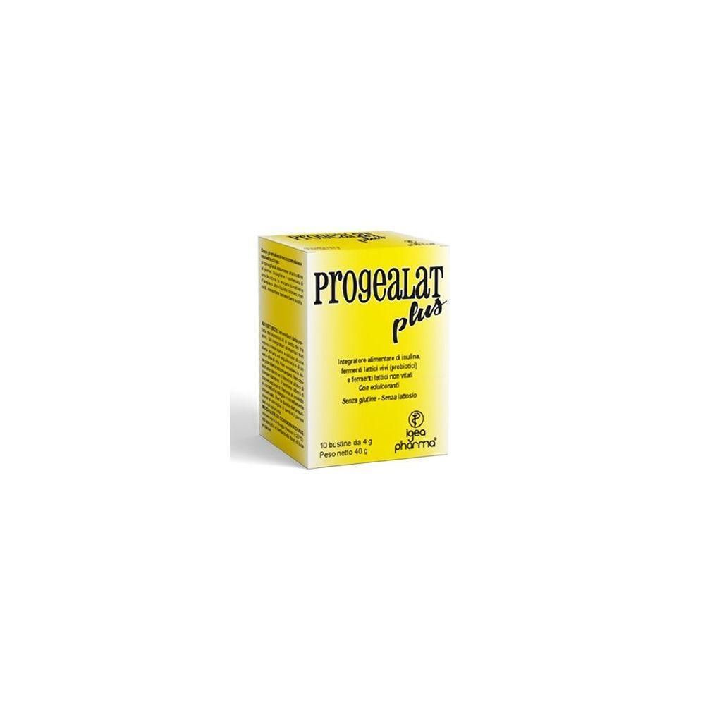 Confezione gialla con scritta "Progealat plus". Contiene 12 bustine.