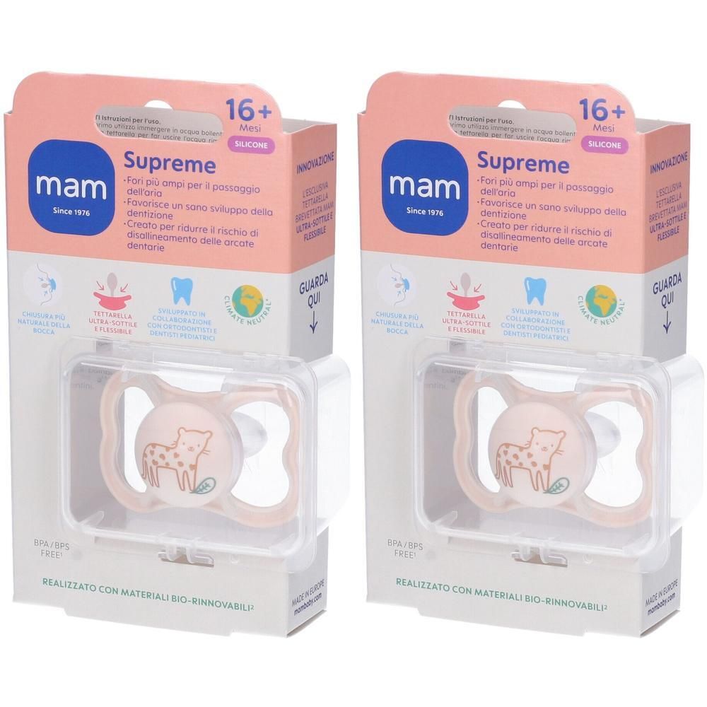 Due succhietti MAM Supreme 16+ mesi in confezione rosa con disegno di giraffa.