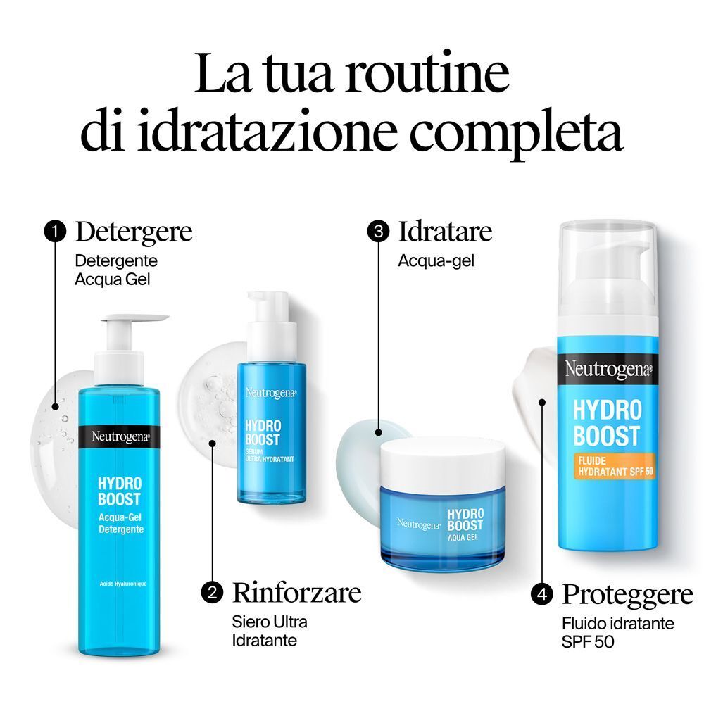 Detergente Neutrogena Hydro Boost Aqua-Gel in un flacone con erogatore blu.