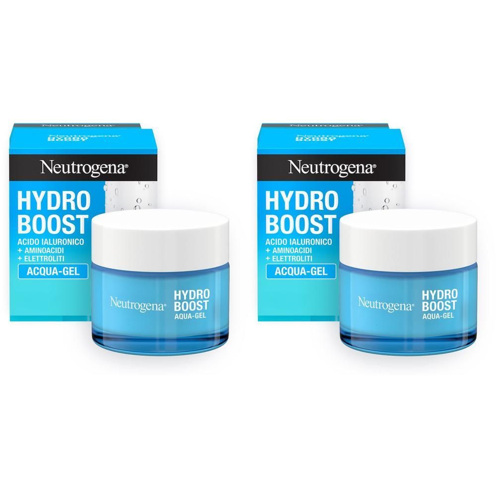 Due vasetti Neutrogena Hydro Boost Aqua-Gel con confezione. Vasetti blu con tappi bianchi.