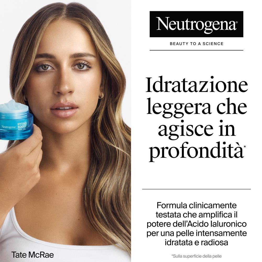 Neutrogena Hydro Boost Water Gel in barattolo blu con donna