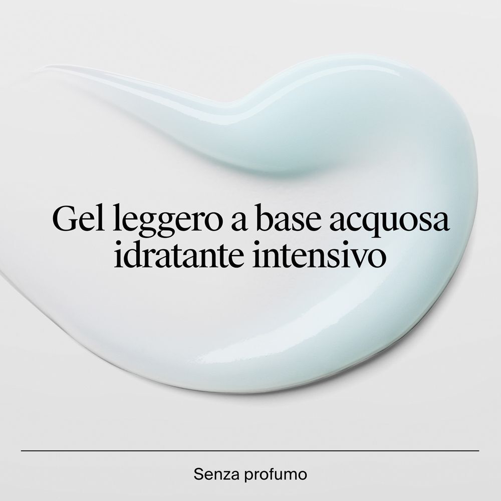 Texture gel azzurro con testo: Gel leggero a base acquosa, idratante intensivo, senza profumo.