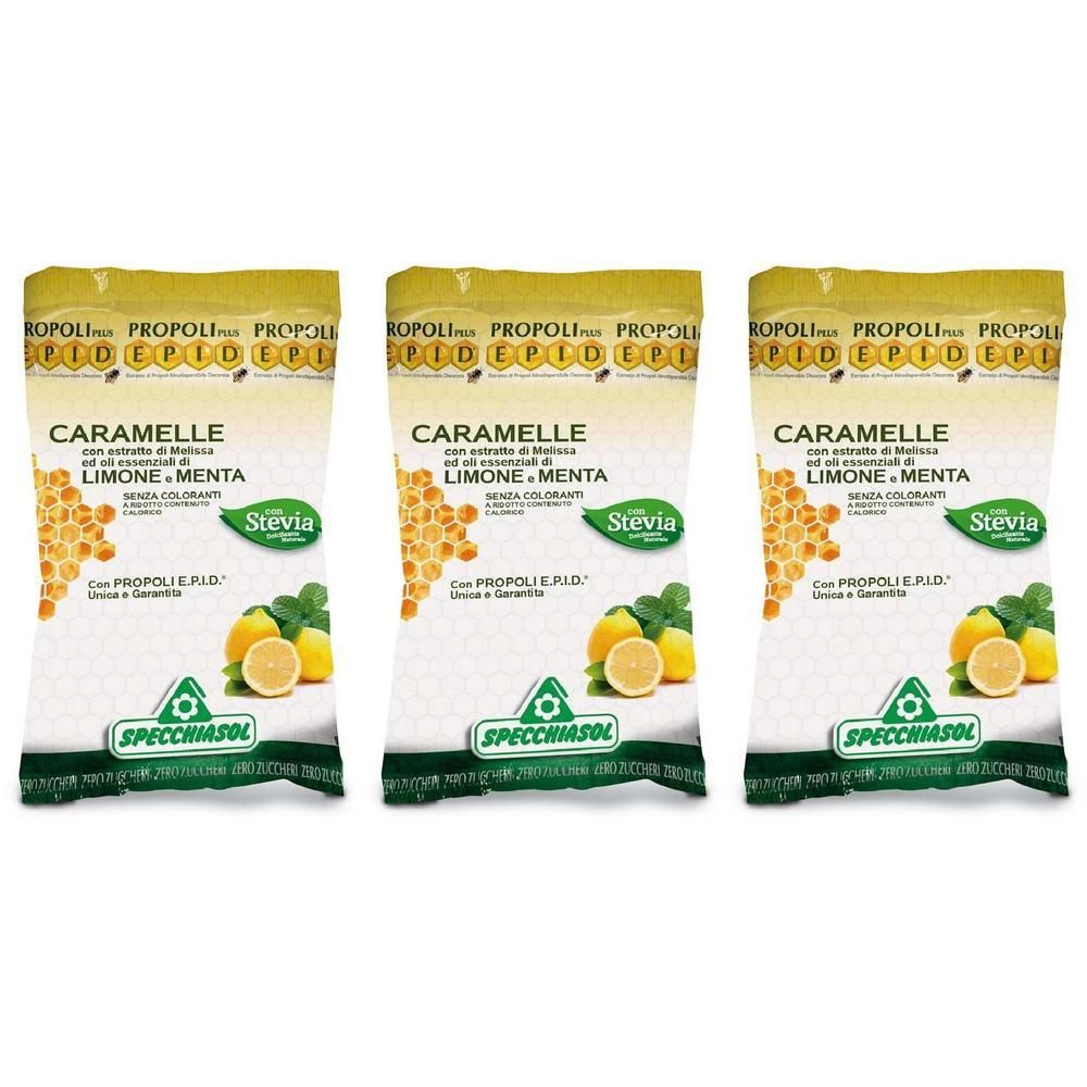 Tre confezioni di caramelle al limone, melissa e menta, dolcificate con Stevia.