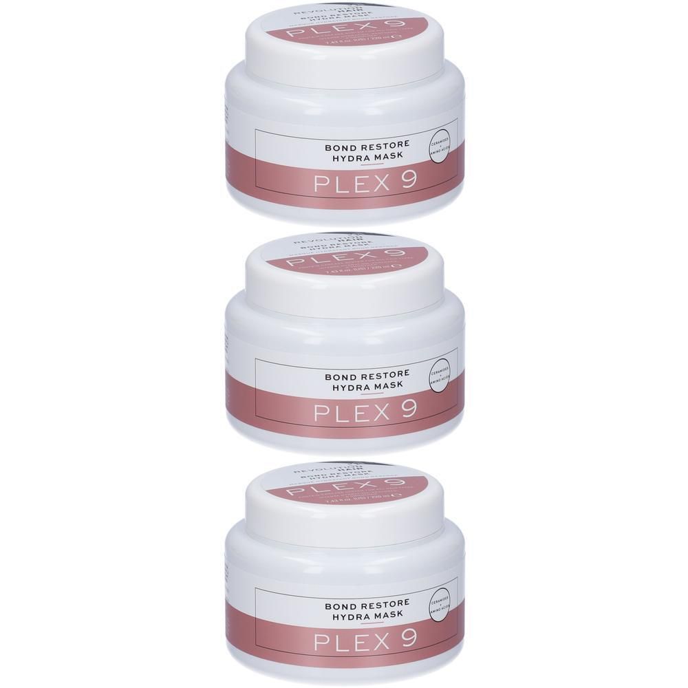 Tre vasetti bianchi con PLEX 9 Hydra Mask, Band Restore.