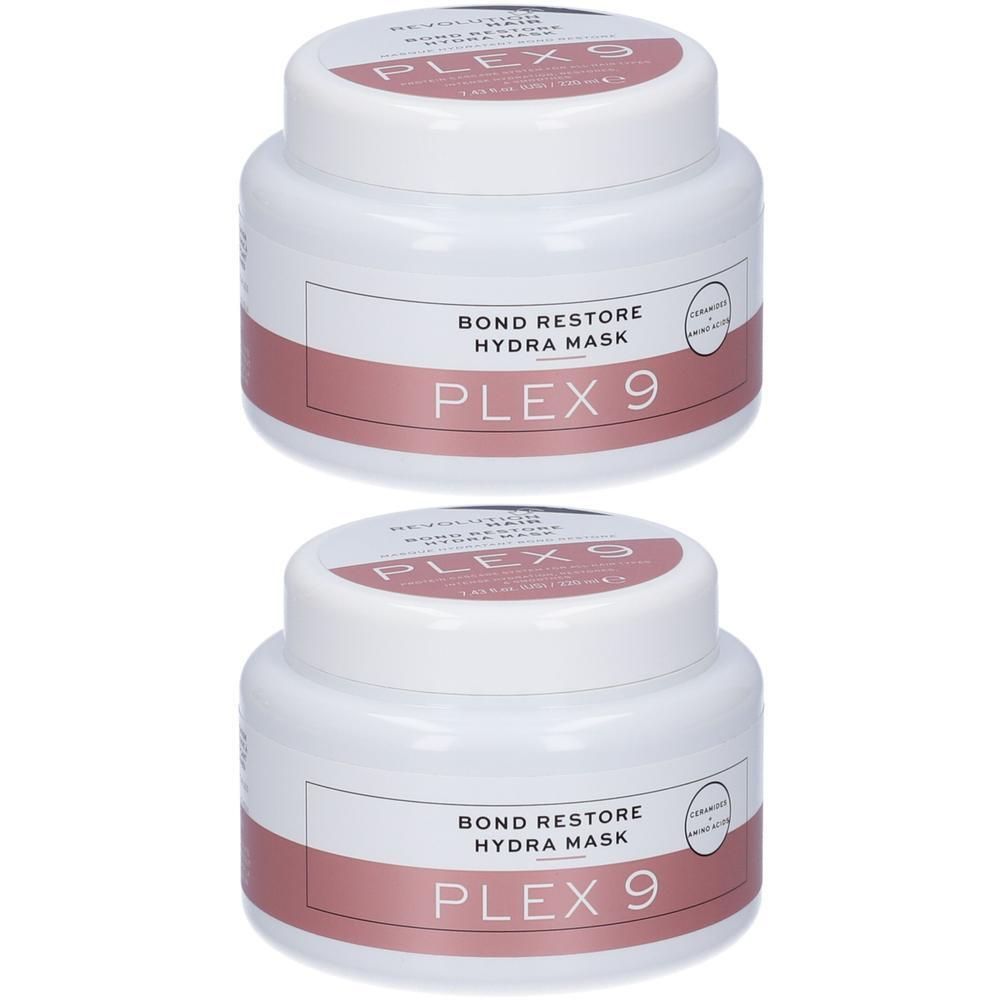 Due vasetti bianchi di PLEX 9 Bond Restore Hydra Mask. Etichetta rosa con il nome del prodotto.