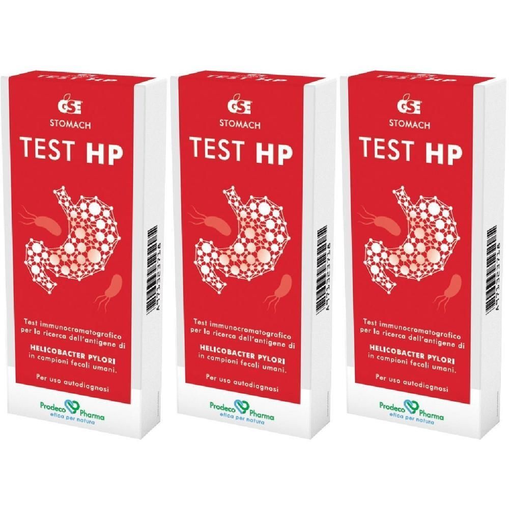Tre scatole "GSE Test HP" per test Helicobacter Pylori. Design rosso con simboli di stomaco e batteri.