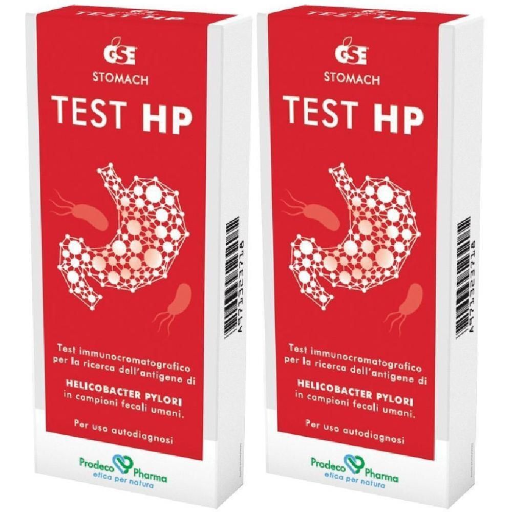 Due confezioni di GSE Test HP per test antigene Helicobacter Pylori. Confezione rossa con simboli di stomaco e batteri.