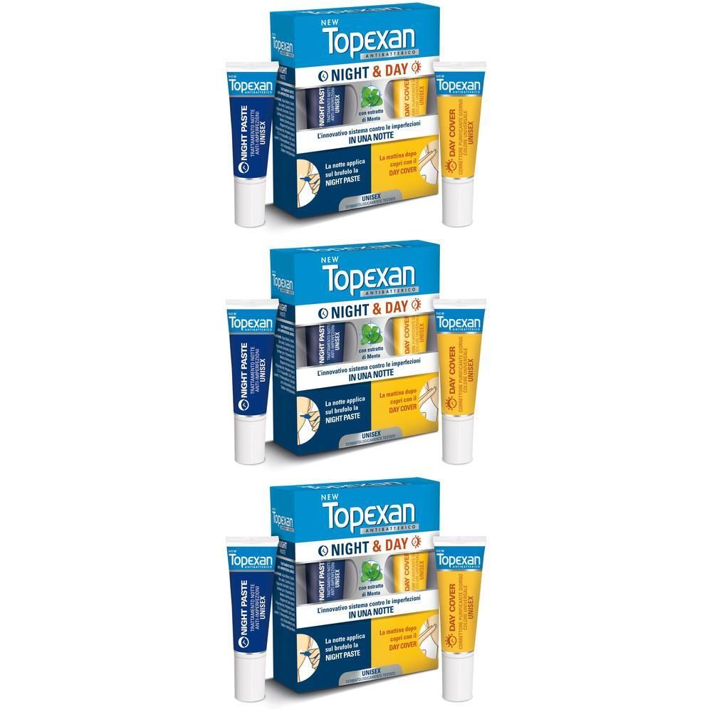 Set New Topexan Notte & Giorno: Due tubetti (pasta notte, crema giorno) e un astuccio.