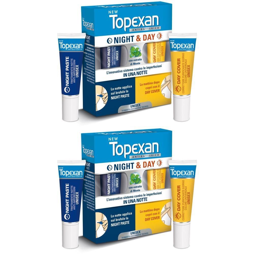 Due set Topexan Night & Day, ognuno con una pasta notte blu e una crema giorno gialla.