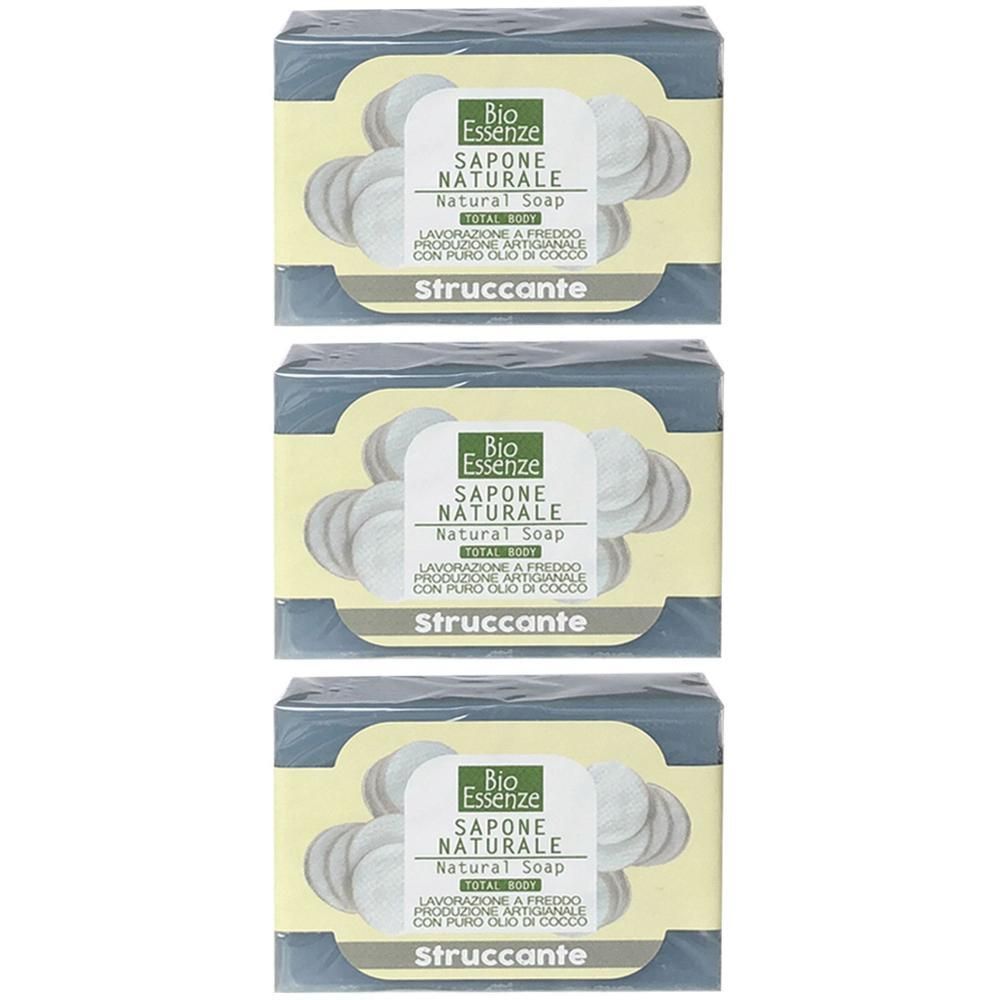 Tre confezioni di sapone naturale Bio Essenze, dicitura 'Struccante'.