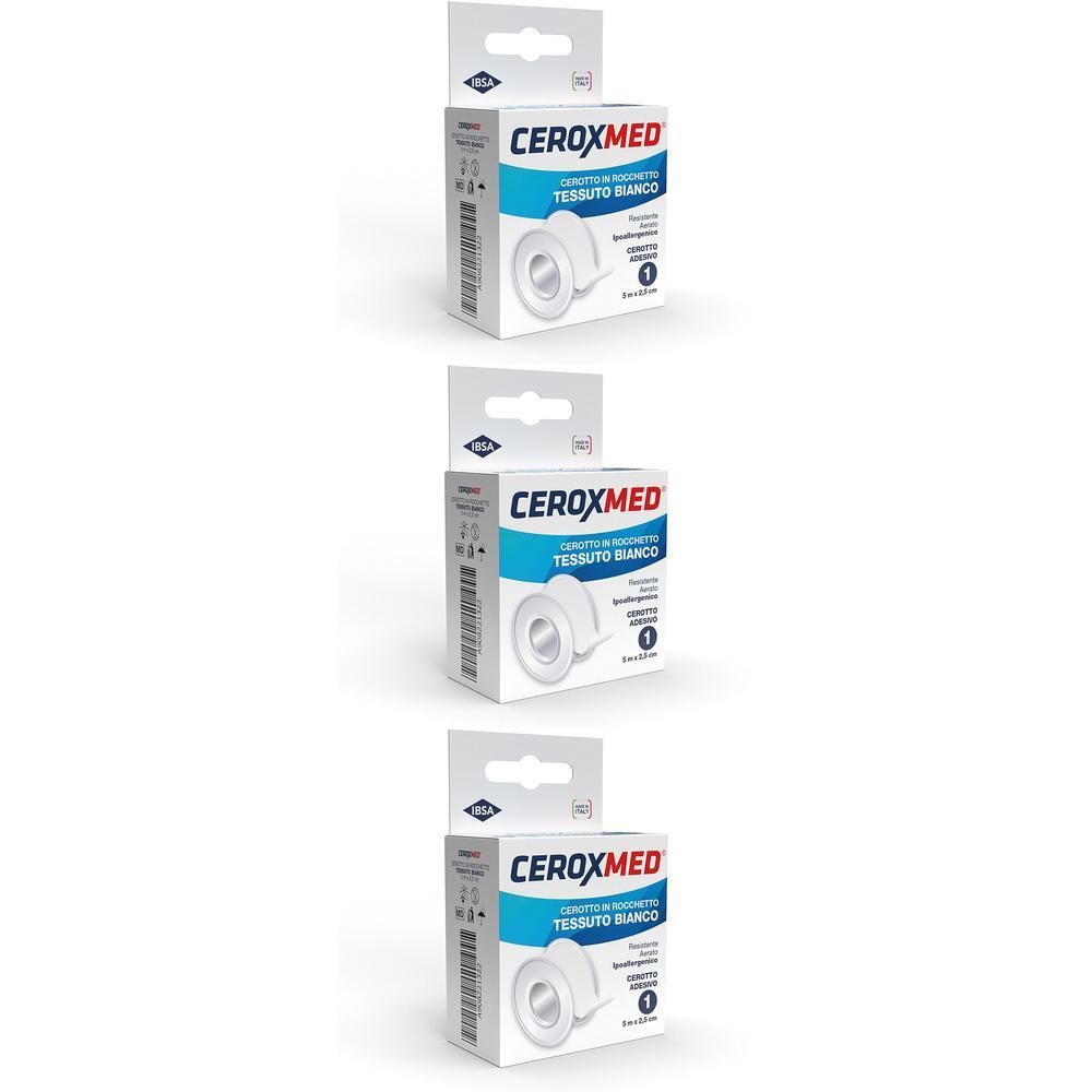 Tre confezioni di cerotto in tessuto bianco Ceroxmed, ciascuna con un rotolo da 5m x 2,5cm.