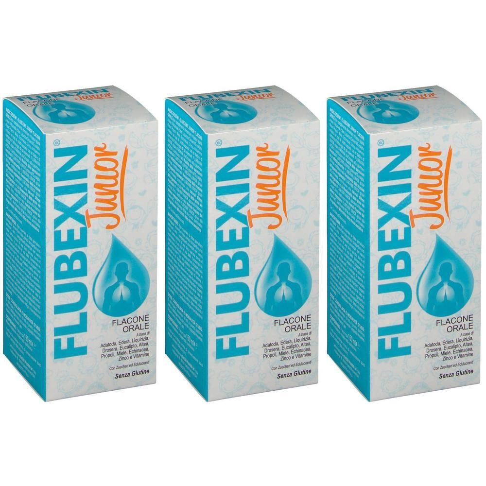 Tre scatole di Flubexin Junior, preparato orale liquido. Confezione blu e bianca con simbolo di goccia e polmone.