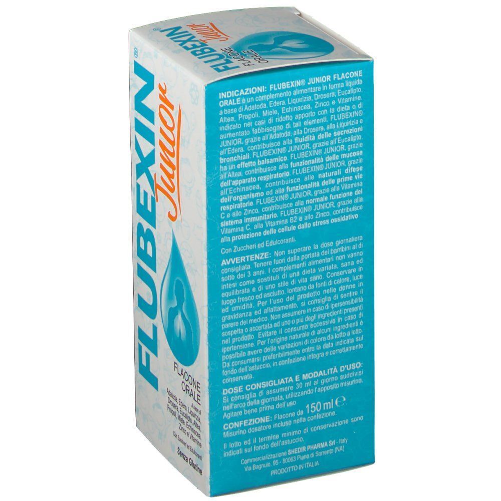 Retro di una scatola Flubexin Junior con indicazioni d'uso e avvertenze in italiano. Confezione blu e bianca.