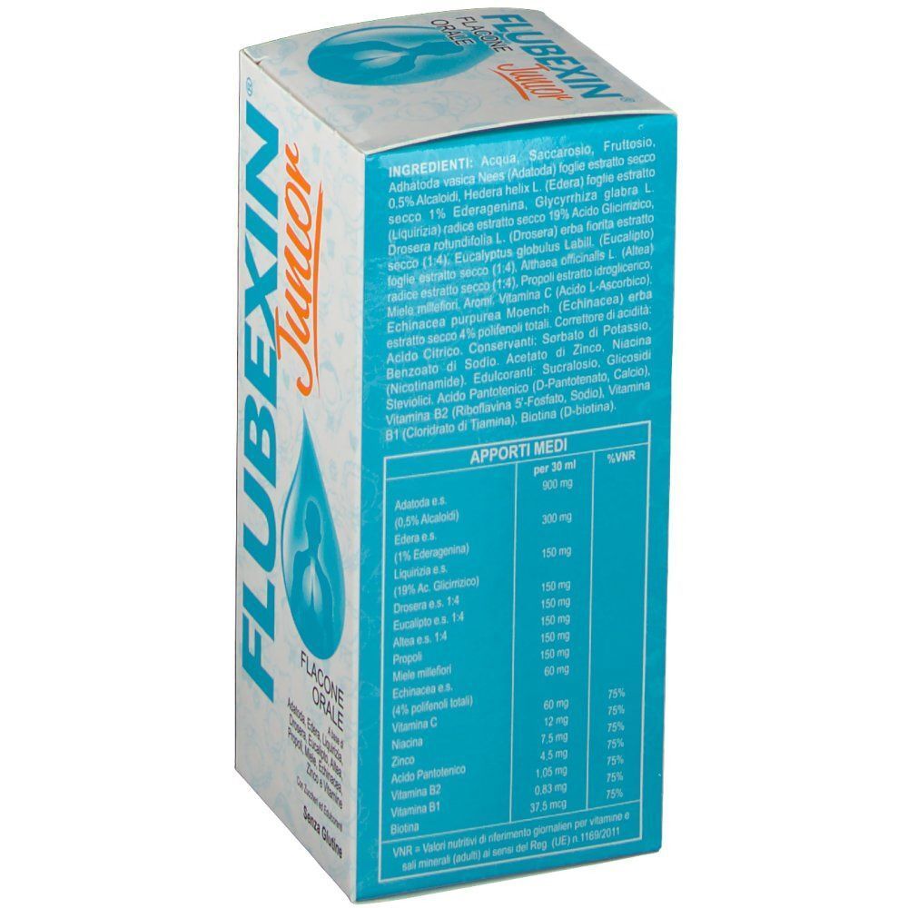 Confezione di sciroppo Flubexin Junior, vista laterale con elenco ingredienti.