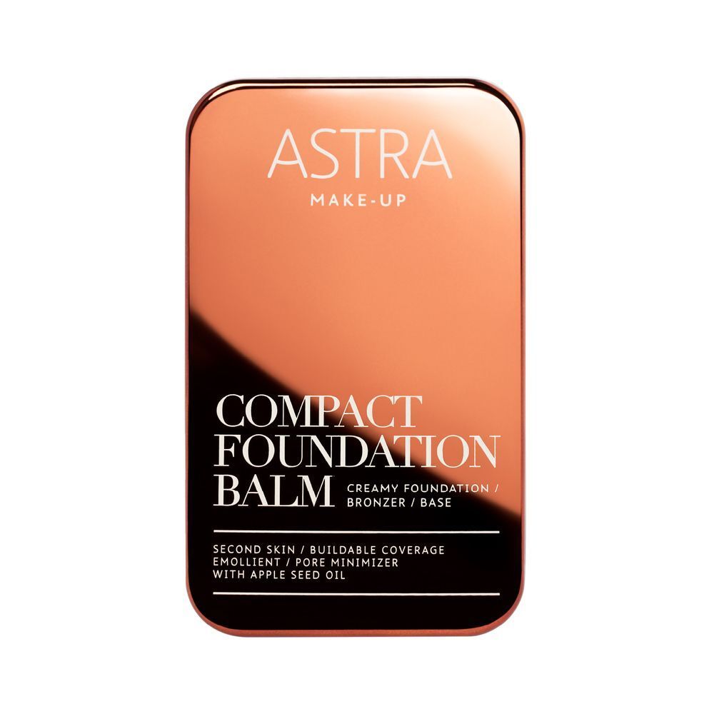 Astra Make-Up Compact Foundation Balm in confezione color bronzo. Scritta: 'Compact Foundation Balm', 'Creamy Foundation / Bronzer / Base'.