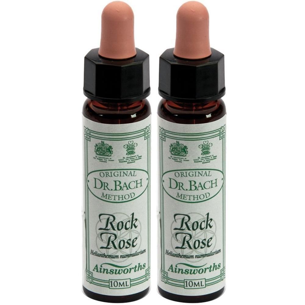 Due piccole bottiglie di vetro marrone con contagocce, contenenti gocce Dr. Bach Rock Rose, 10ml.