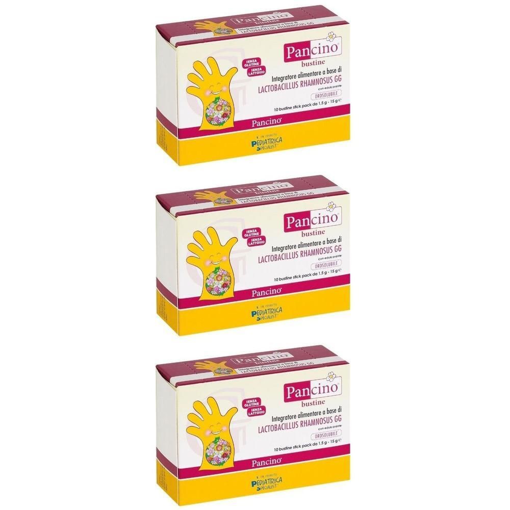Tre confezioni di Pancino con Lactobacillus Rhamnosus GG. Mano gialla con illustrazioni sul fronte.