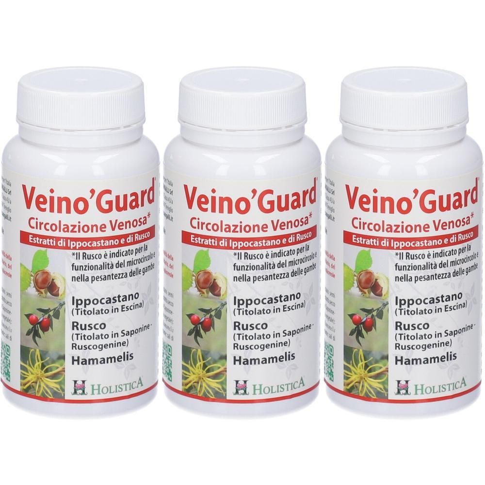 Tre flaconi di Veino'Guard con etichette che mostrano estratti vegetali e nomi di marchi.