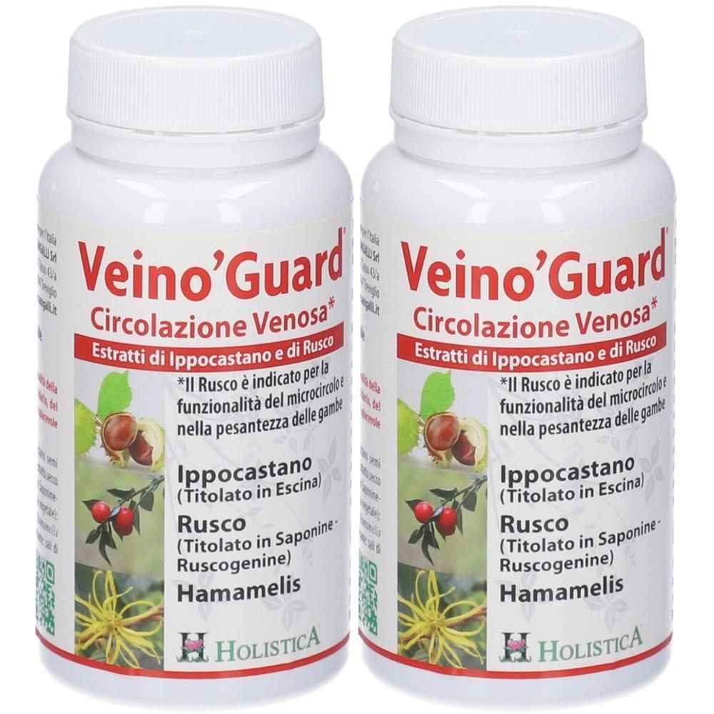Due flaconi di Veino'Guard con etichette raffiguranti ippocastano, rusco e amamelide.