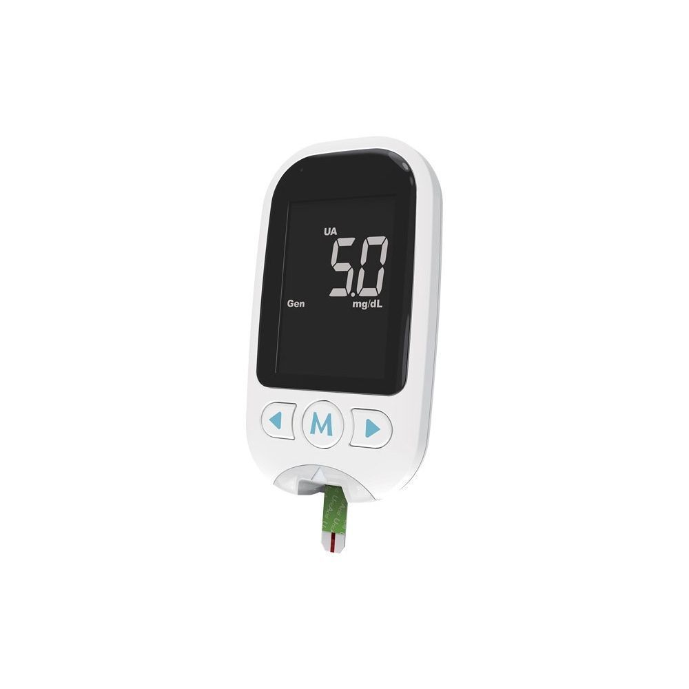 Un misuratore digitale con una striscia reattiva inserita, che mostra 5.0 mg/dL.