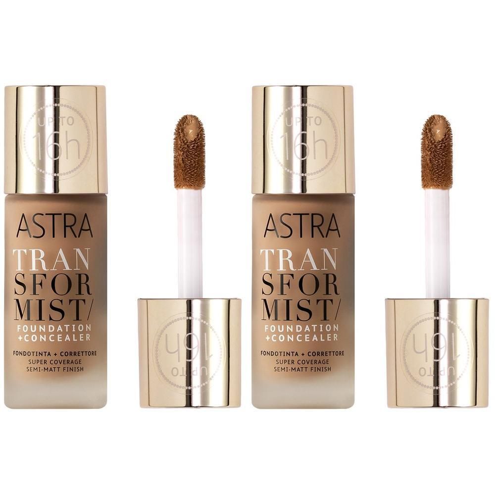 Tre flaconi di Astra Transformist Foundation + Concealer con tappi e applicatori dorati. Tonalità chiara.