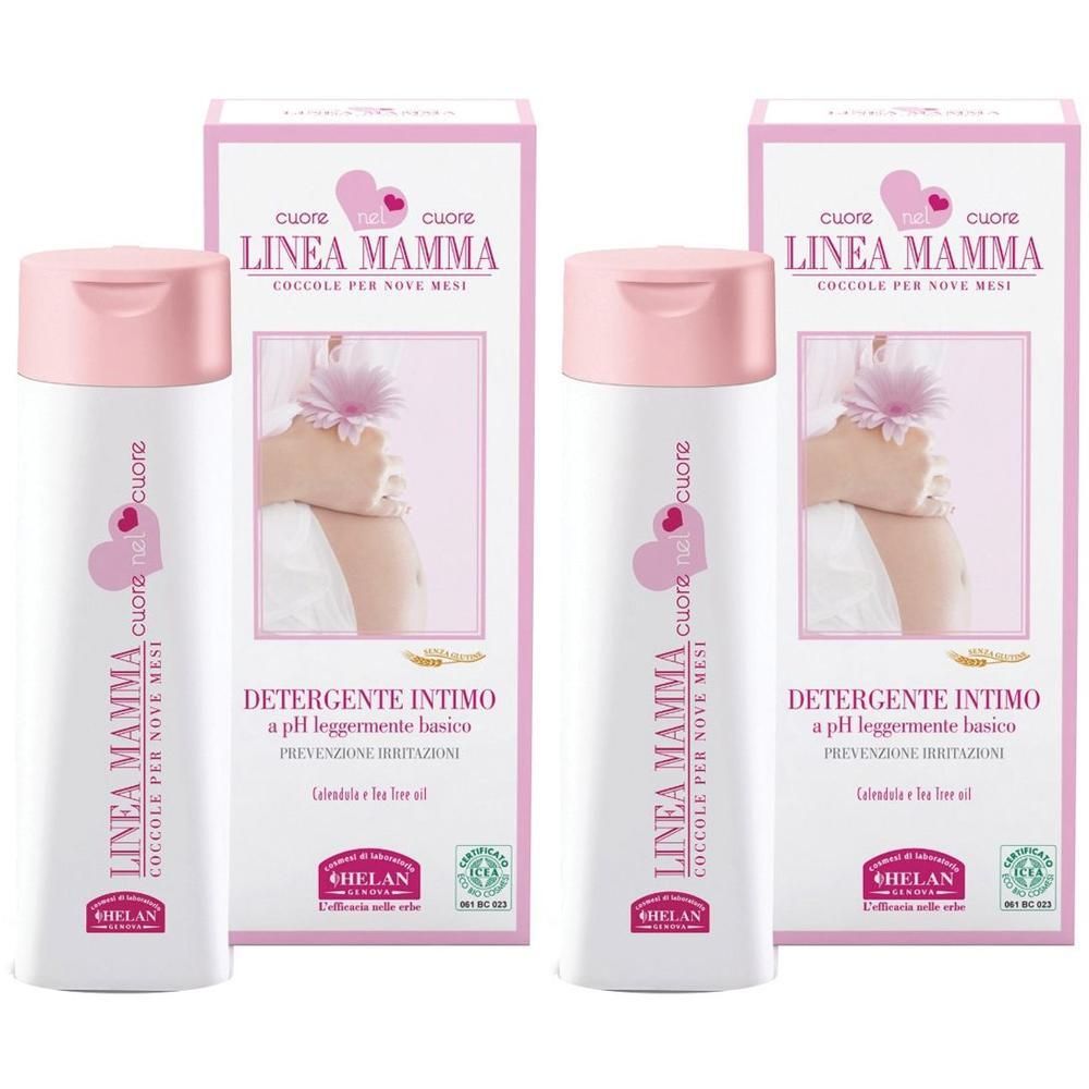Due flaconi e scatole di detergenti intimi con tappo rosa e logo a cuore.