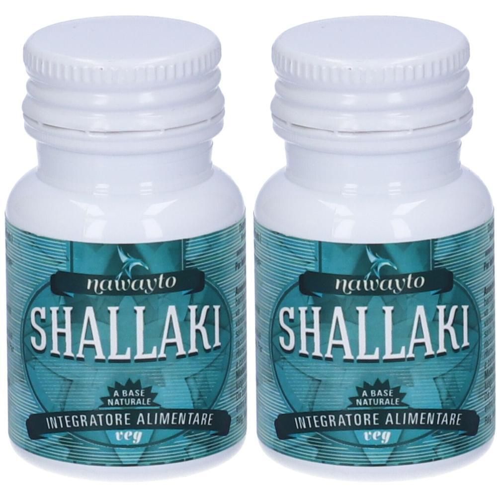 Due flaconi di integratore alimentare Shallaki con tappi a vite bianchi ed etichette.