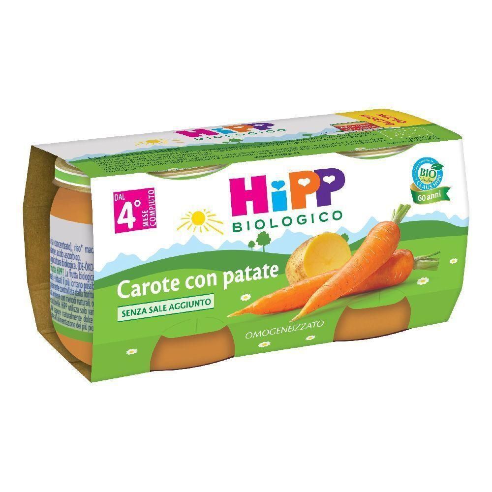 Hipp Bio omogeneizzato carote e patate, confezione da 4, senza sale.