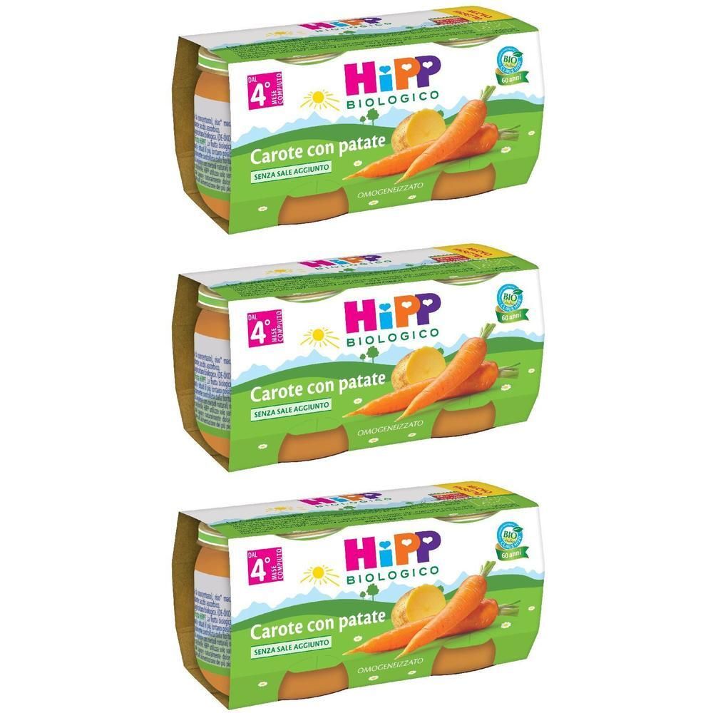 Tre vasetti Hipp Carote con patate per neonati, da 4+ mesi.