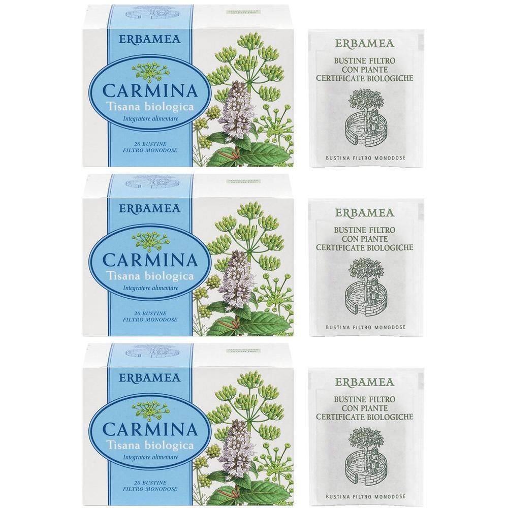 Tre confezioni di tisana biologica Erbamea Carmina, ciascuna con 20 bustine.