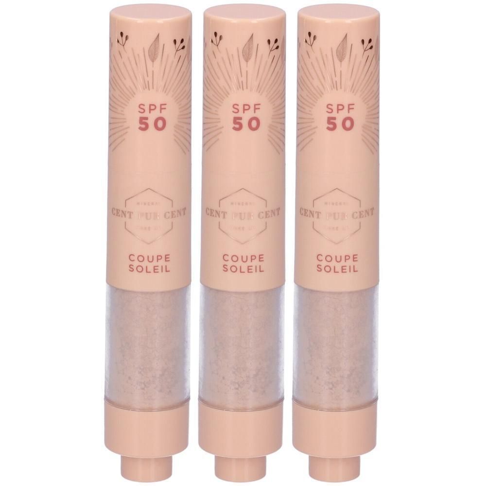 Tre bastoncini rosa con SPF 50 e la scritta "Coupe Soleil".