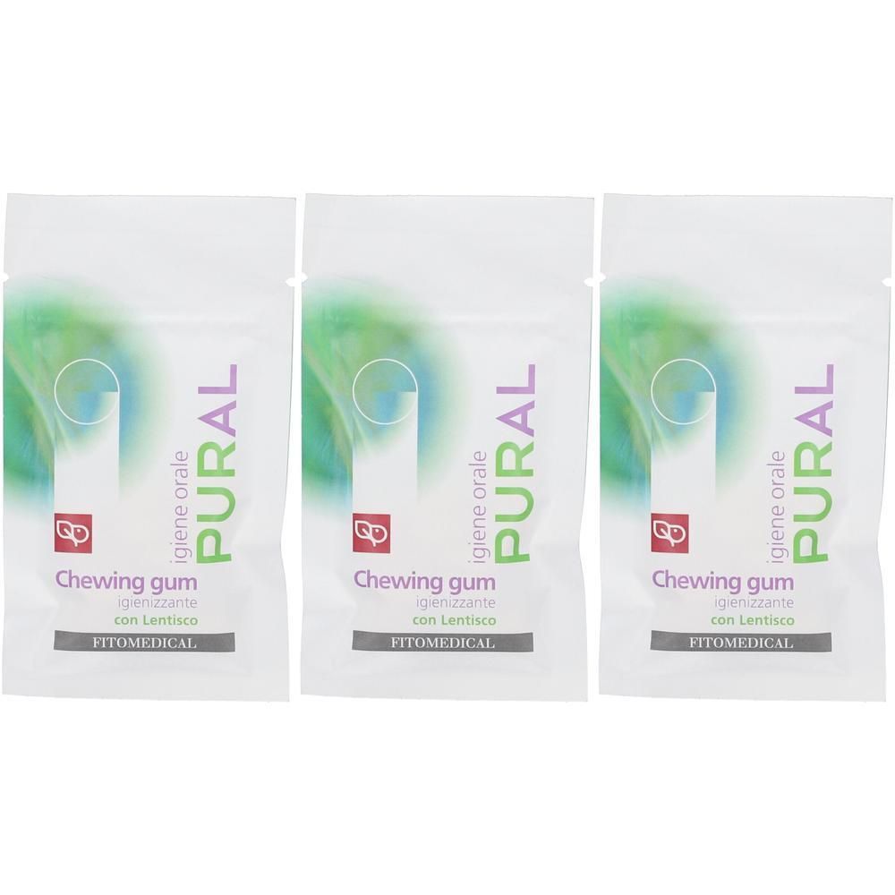 Tre bustine Pural Chewing Gum Igienizzante con logo e testo.