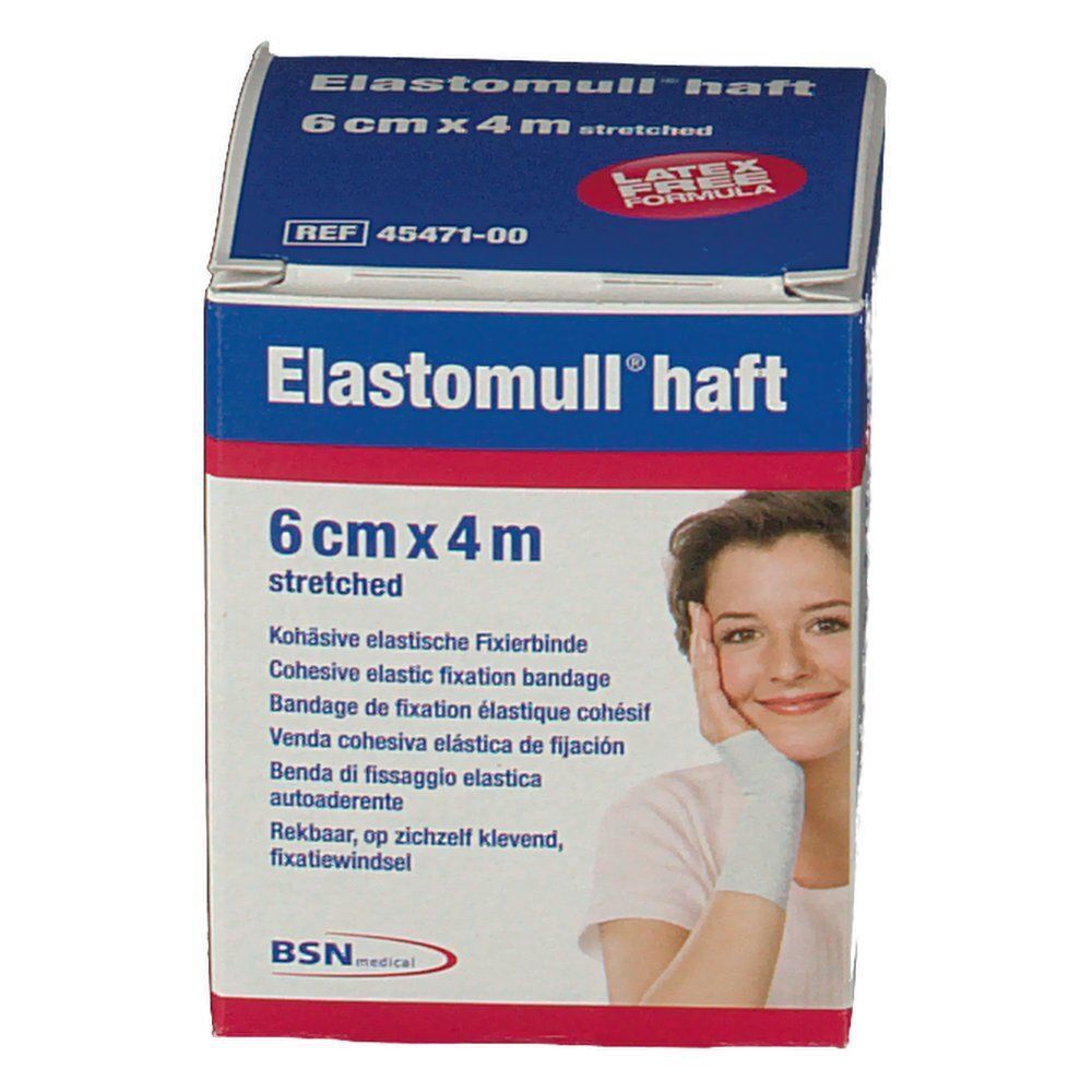 Confezione della benda elastica Leukoplast Elastomull Haft, 6 cm x 4 m, con immagine di mano.