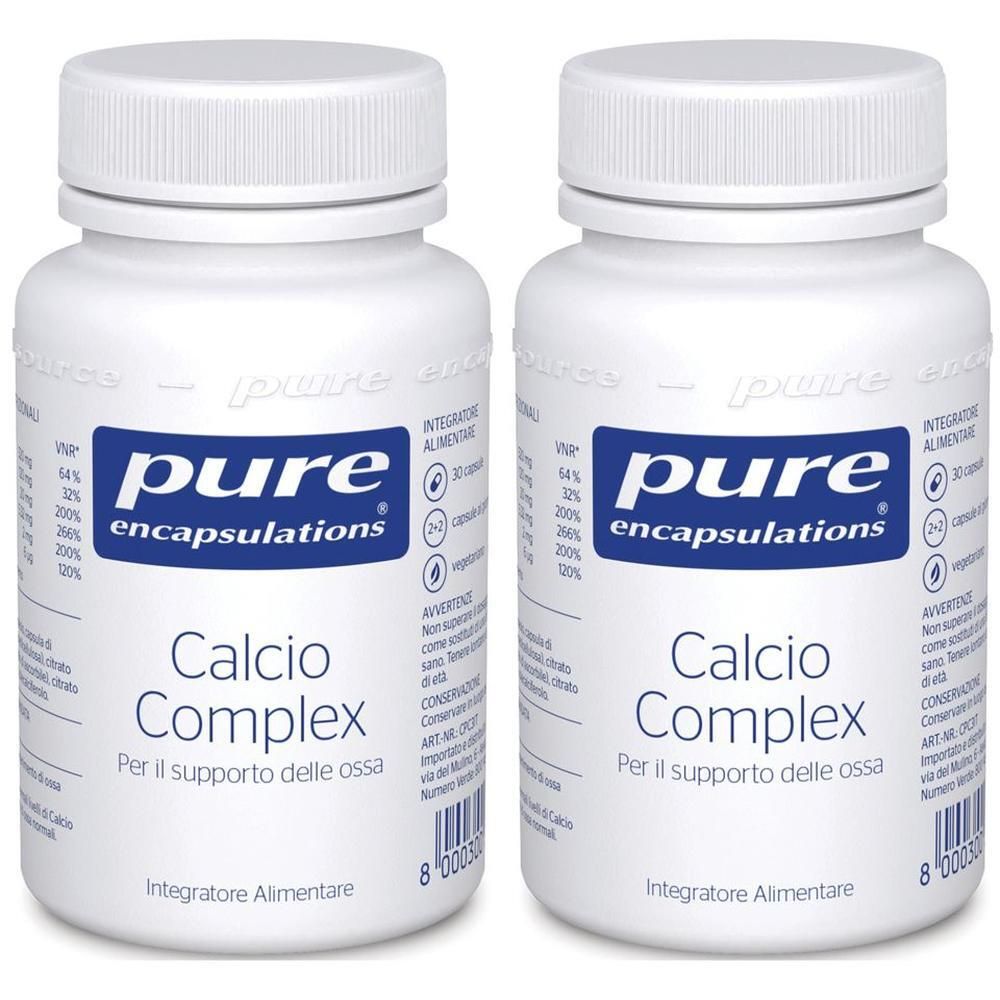 Due flaconi bianchi Pure Encapsulations Calcio Complex con etichette blu.