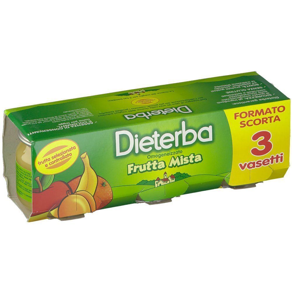 Dieterba Frutta Mista: Confezione da 3 vasetti di omogeneizzato alla frutta mista.