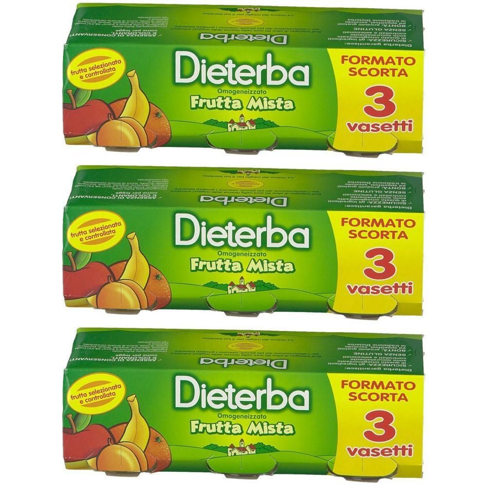 Tre confezioni di Dieterba Frutta Mista, ciascuna con 3 vasetti. Confezione verde con immagini di frutta.