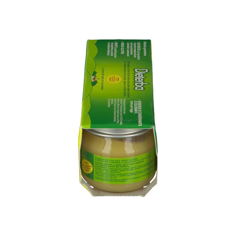 Vasetto di omogeneizzato per neonati con etichetta verde, marca 'Die teba'.