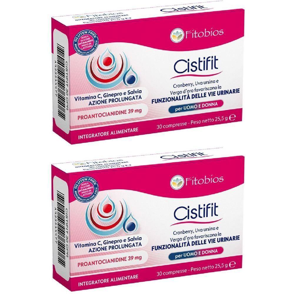 Due confezioni di Fitobios Cistifit da 30 compresse. Contiene Proantocianidine 39 mg.