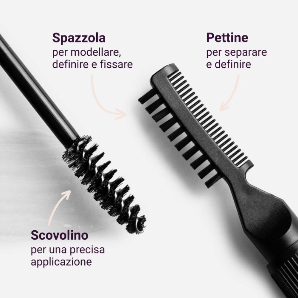 Pennello per sopracciglia nero con scovolino per modellare e fissare, e pettine per separare e definire.