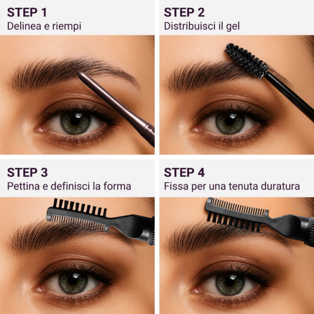 Quattro passaggi per definire le sopracciglia: delineare, applicare gel, pettinare, fissare.