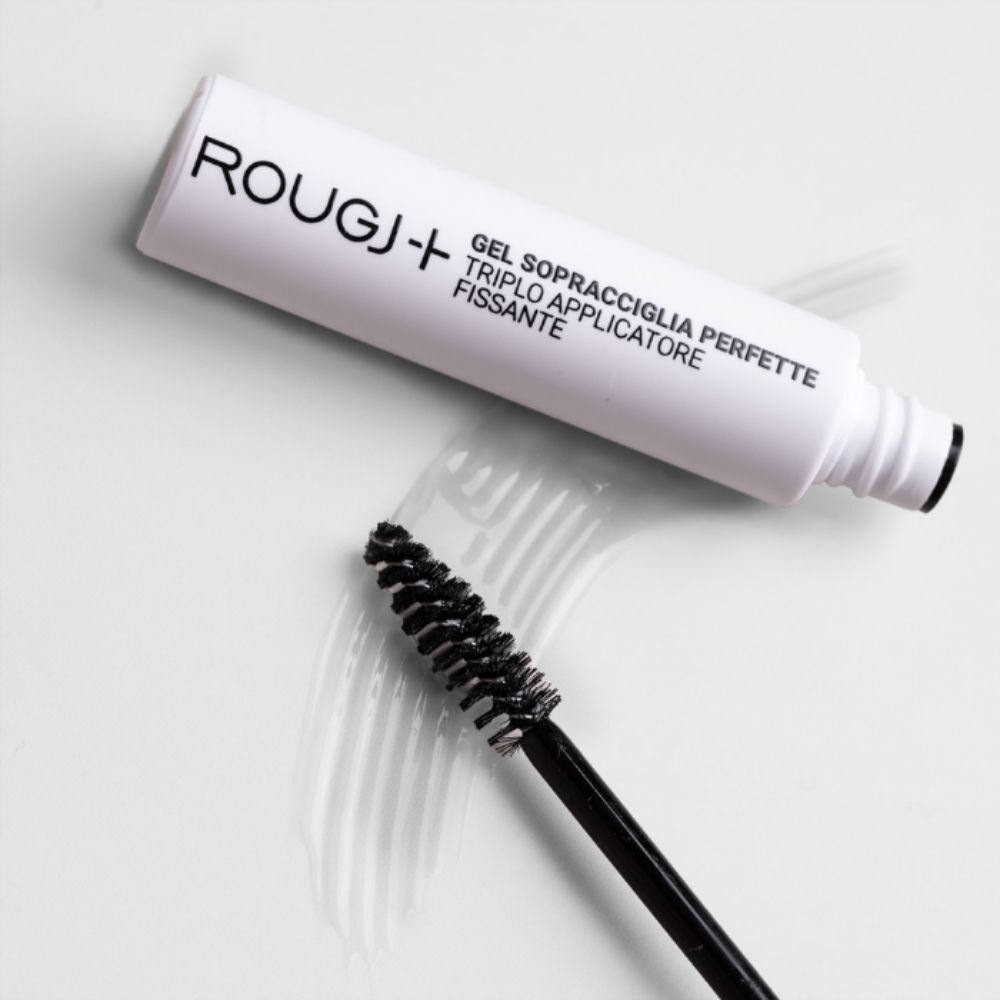 Tubo bianco con logo Rougj e scritta gel sopracciglia. Applicatore nero con gel.