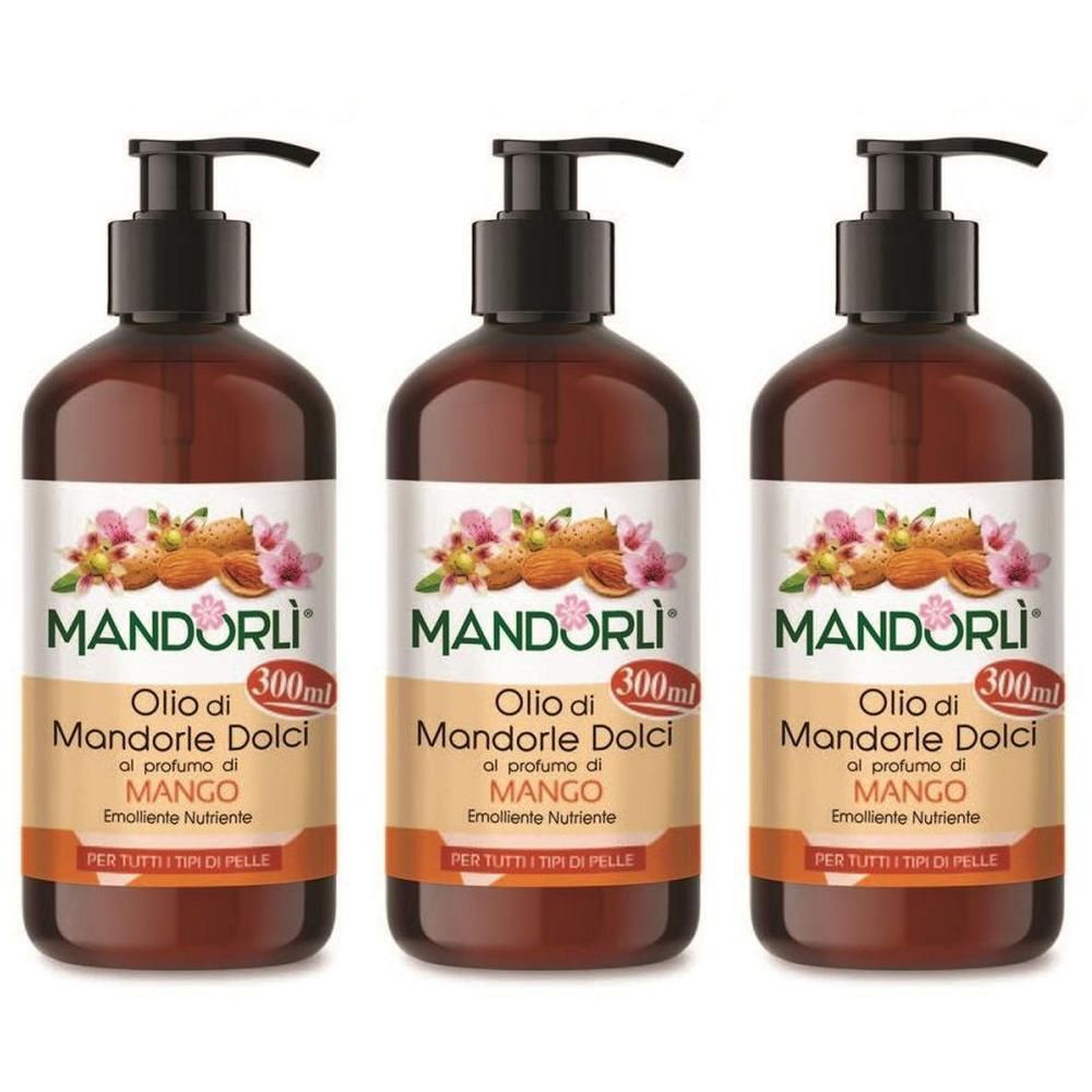 Tre flaconi di Olio Corpo Mandorli Mango con dispenser a pompa. L'etichetta mostra mandorle e fiori.