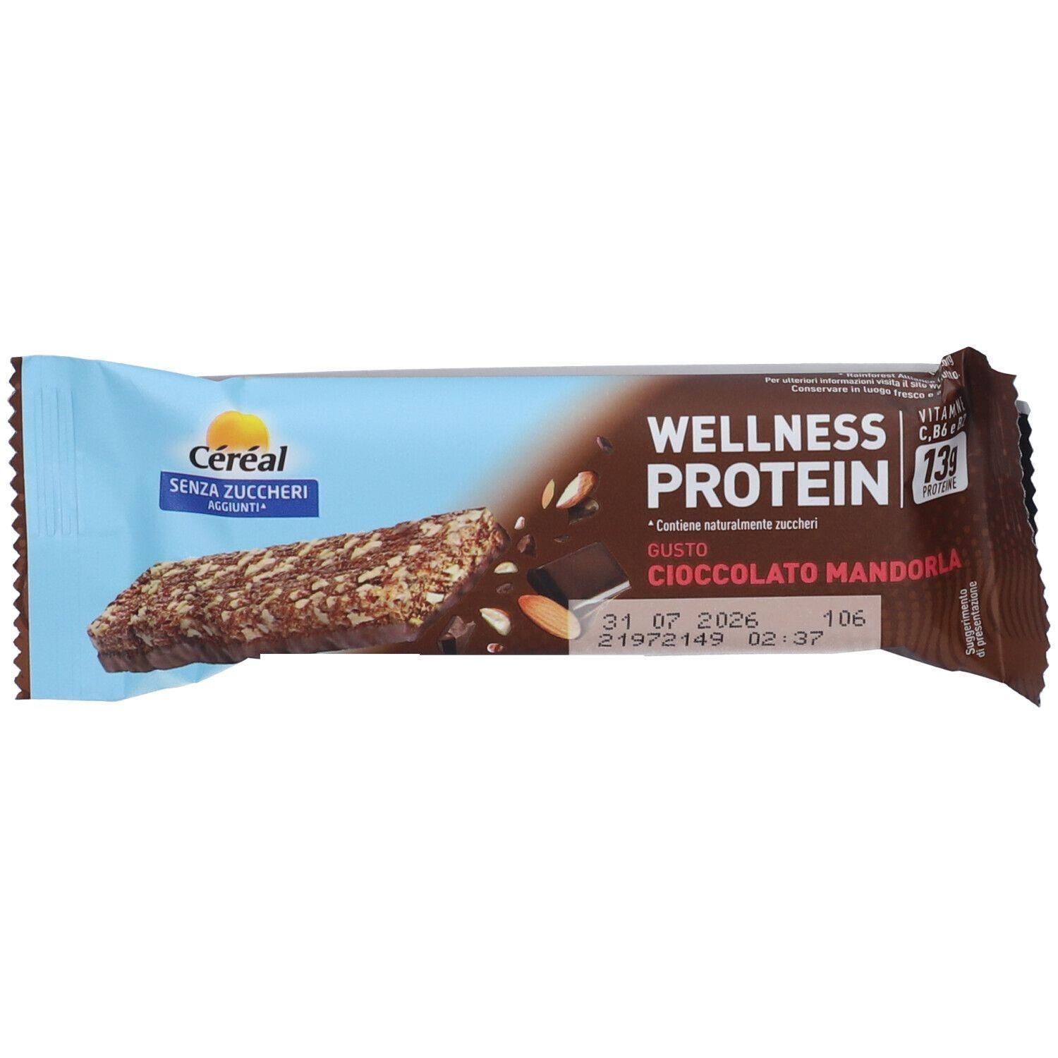 Barretta Cereal Wellness Protein Cioccolato Mandorla, senza zuccheri aggiunti.