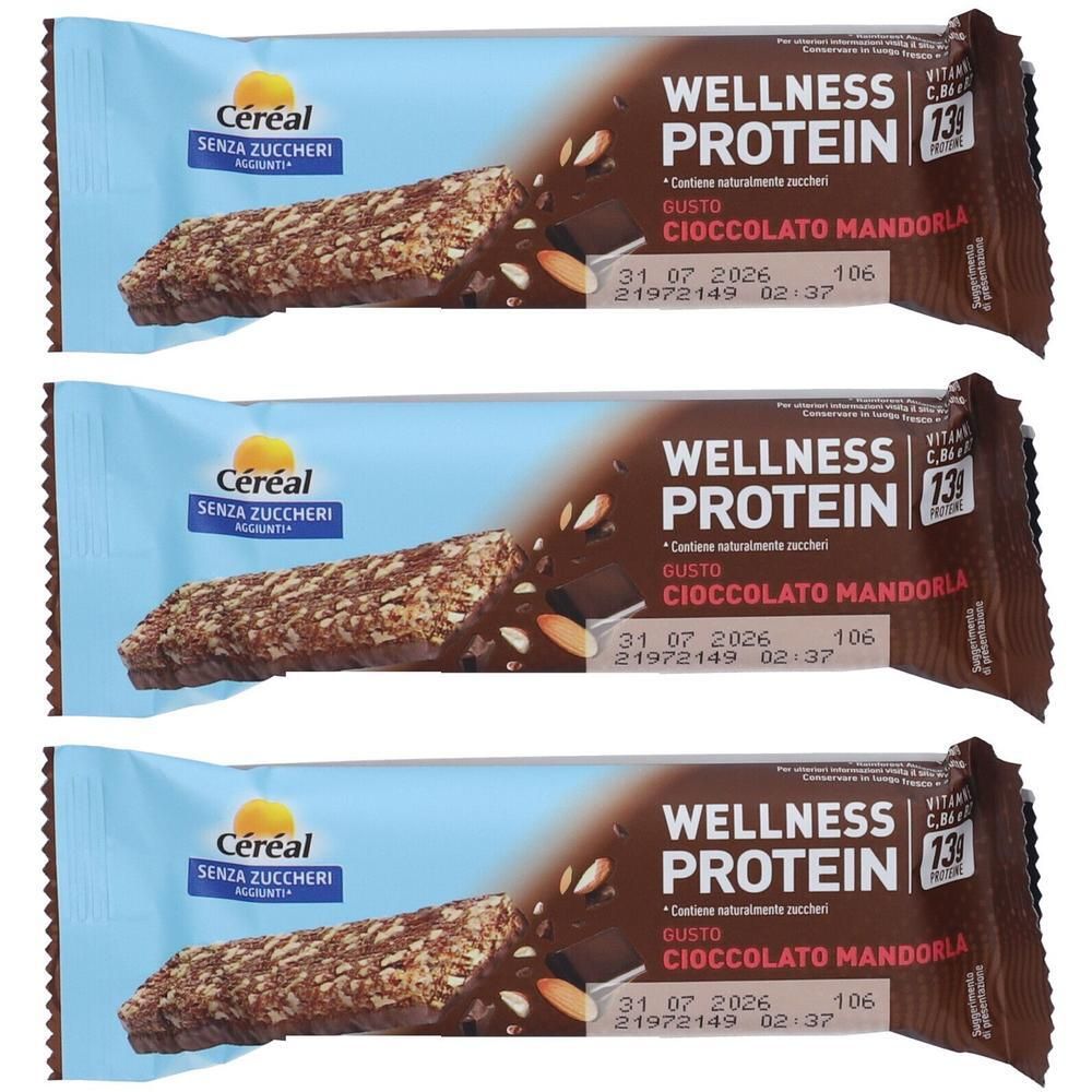 Tre barrette Cereal Wellness Protein Cioccolato Mandorla, senza zuccheri.