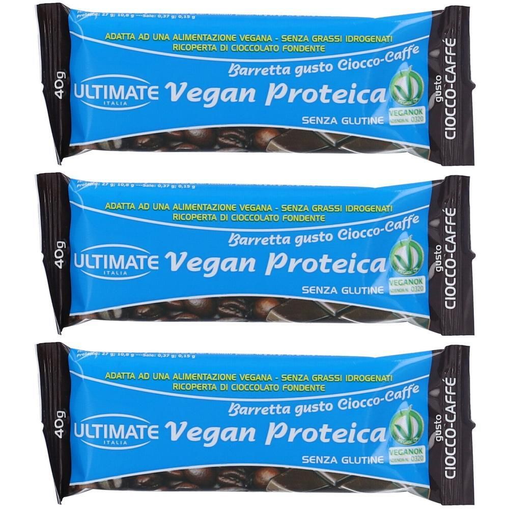 Tre barrette proteiche vegane gusto cioccolato-caffè, 40g per barretta, senza glutine.