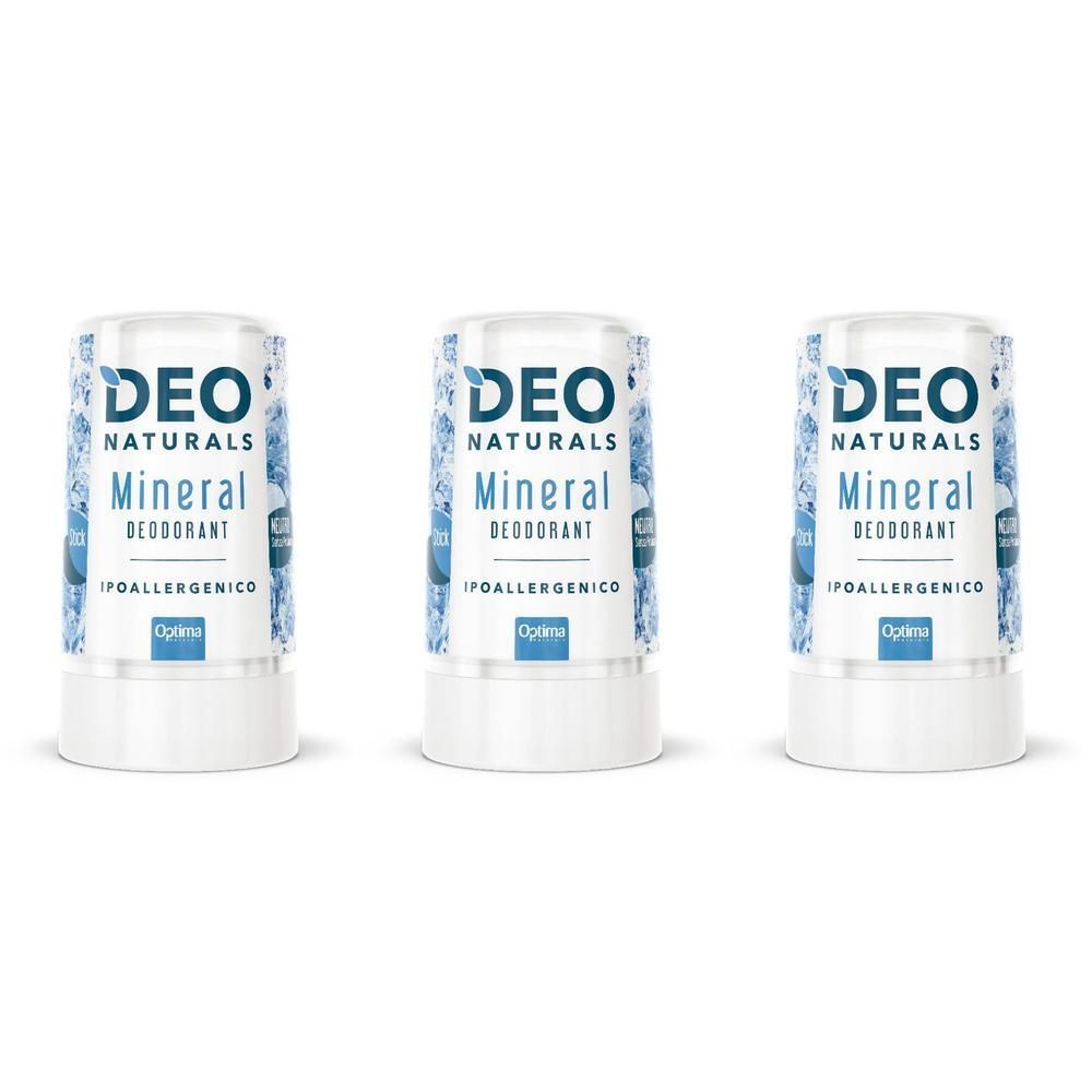 Tre deodoranti minerali Deo Naturals, etichettati ipoallergenici.