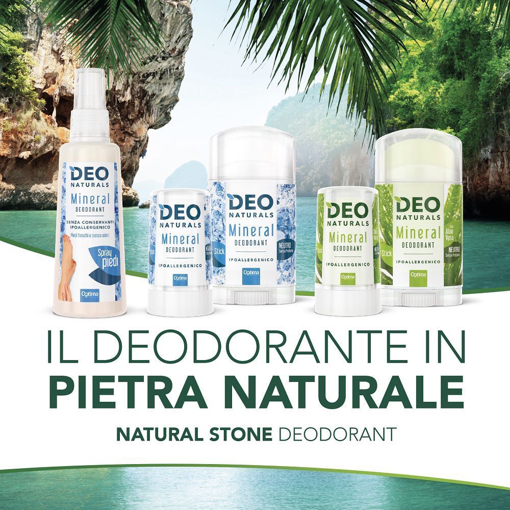 Deo Naturals Mineral: flacone spray e deodoranti stick di varie dimensioni. Ipoallergenico.